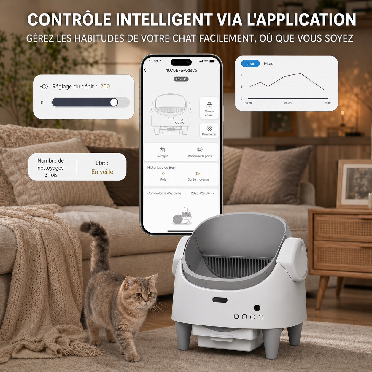 Interface de l'application mobile pour litière automatique permettant de suivre les habitudes du chat, régler le débit, et consulter l'historique des nettoyages à distance.