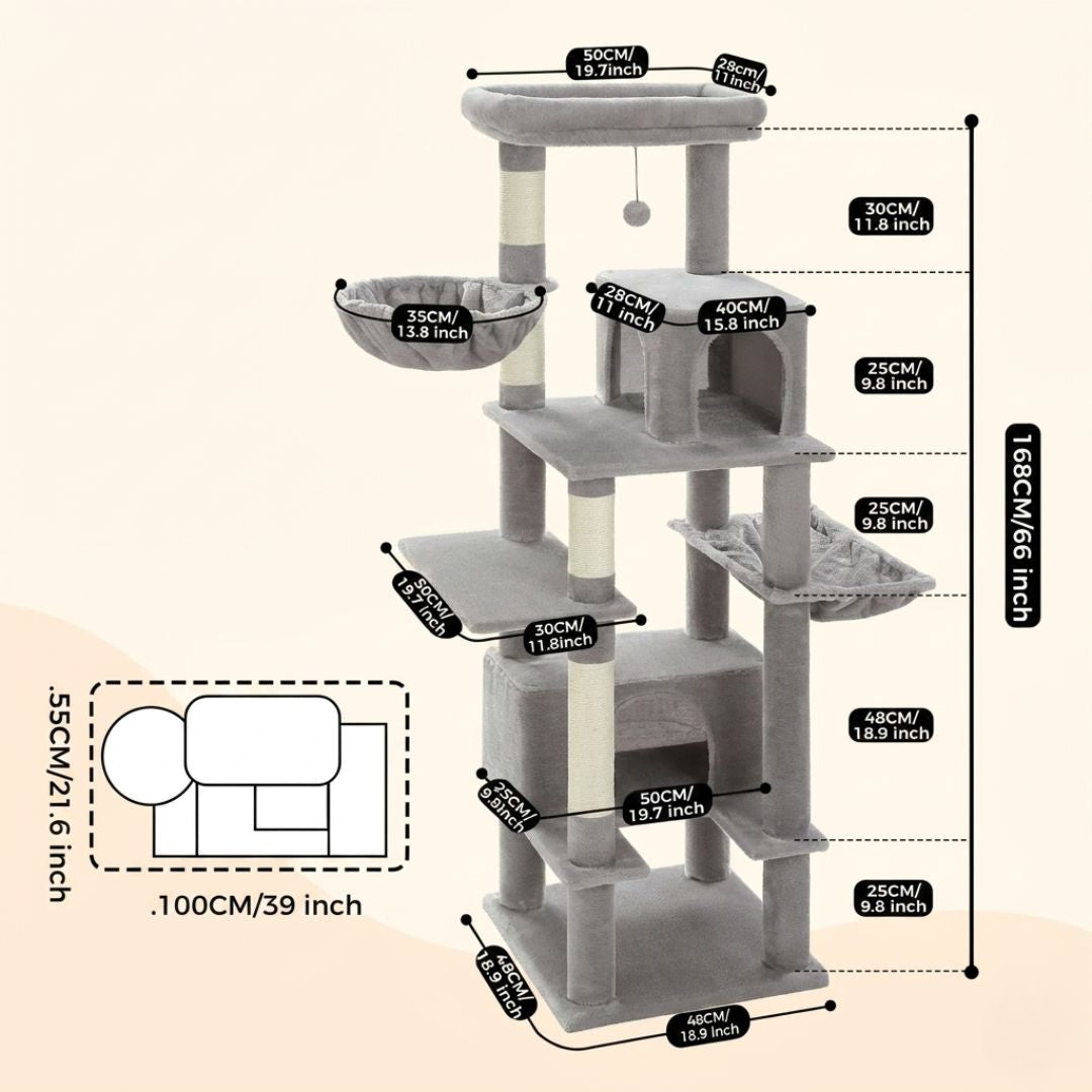 Arbre à chat 168 cm gris avec dimensions détaillées : 2 hamacs, 2 cabanes, griffoirs en sisal et plateformes multi-niveaux pour chat d'intérieur