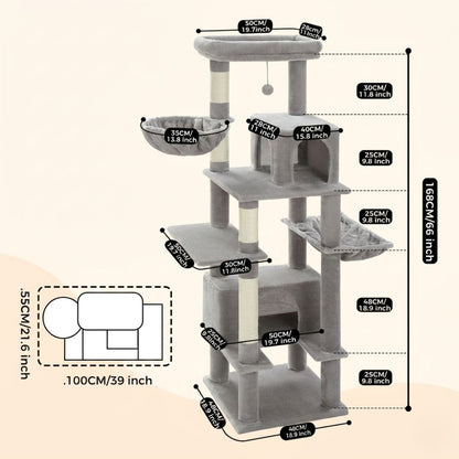 Arbre à chat 168 cm gris avec dimensions détaillées : 2 hamacs, 2 cabanes, griffoirs en sisal et plateformes multi-niveaux pour chat d'intérieur