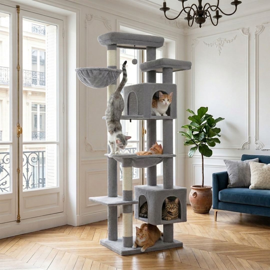 grand arbre à chat 175 cm gris salon parisien haussmannien six chats double cabane hamac griffoir sisal pompon suspendu