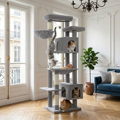 grand arbre à chat 175 cm gris salon parisien haussmannien six chats double cabane hamac griffoir sisal pompon suspendu
