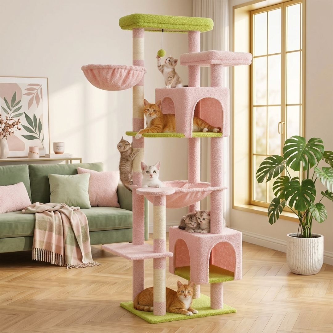 grand arbre à chat 175 cm rose et vert salon moderne six chatons double cabane hamac griffoir sisal pompon suspendu