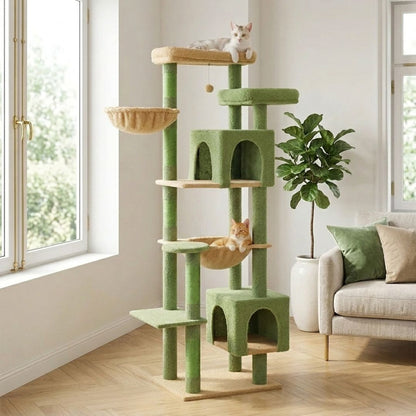 grand arbre à chat 175 cm vert et beige salon lumineux deux chats double cabane hamac beige griffoir sisal pompon suspendu
