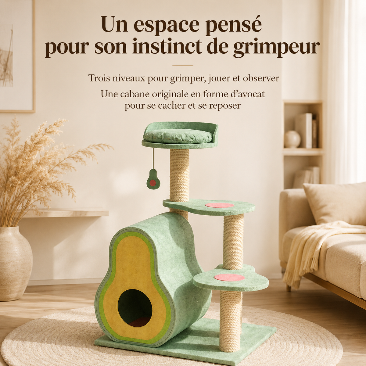 Arbre à chat avocat vert avec cabane, trois niveaux, poteaux en sisal et couchage surélevé dans un intérieur beige.