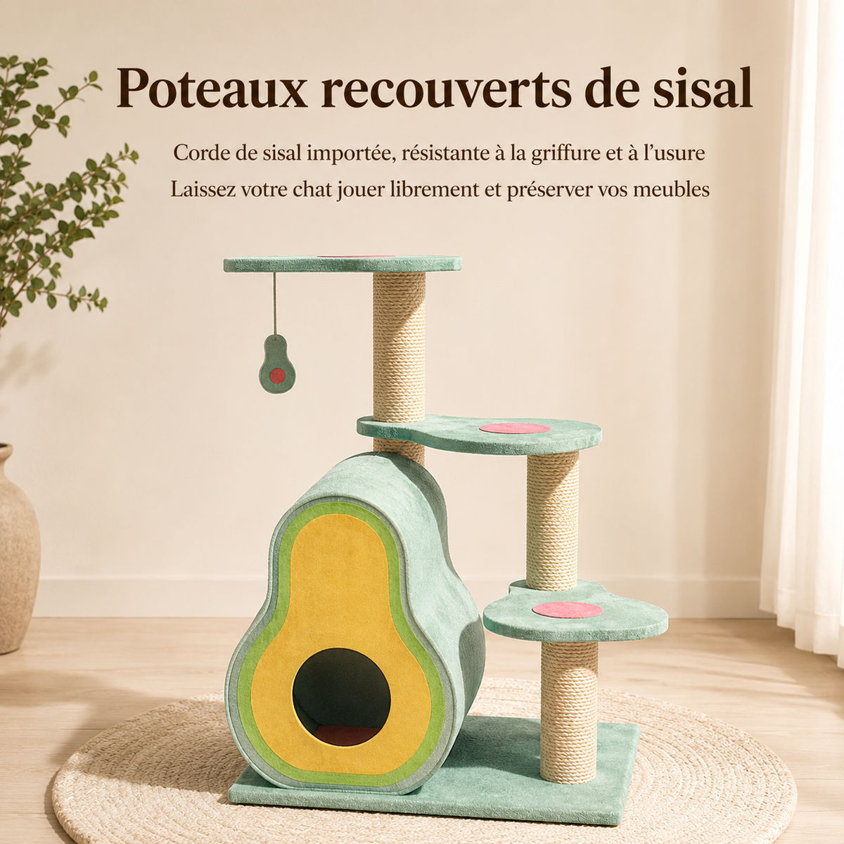 Arbre à chat avocat vert avec poteaux recouverts de sisal, plateformes et cabane dans un intérieur beige.