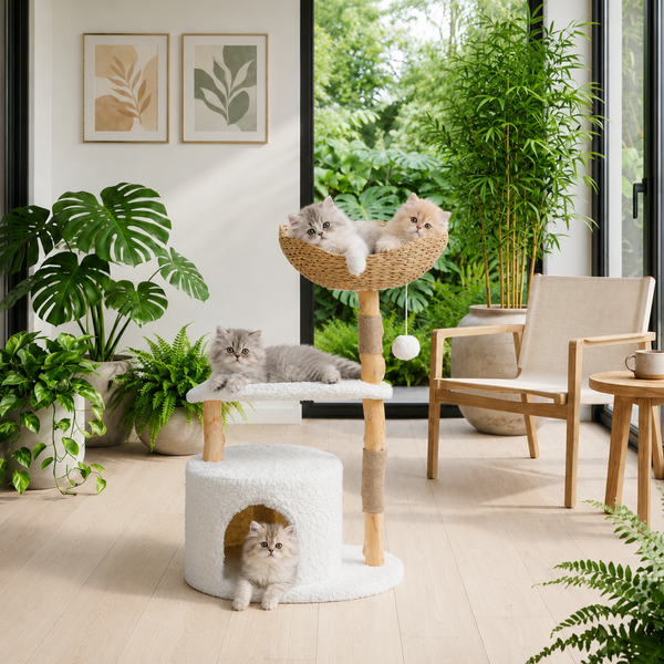 Arbre à chat blanc style bouclette avec niche ronde, plateforme intermédiaire et corbeille tressée, avec trois chatons persans gris dans un salon lumineux entouré de plantes vertes