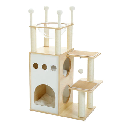 Arbre à chat design en bois clair de style scandinave avec niche, hamac transparent et tapis antidérapants amovibles sur les plateformes.