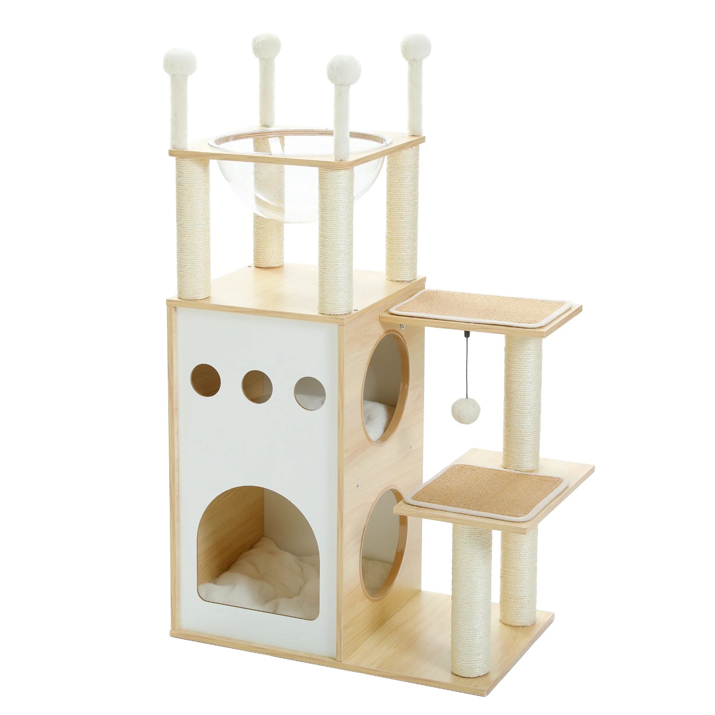 Arbre à chat en bois naturel scandinave - double hamac Maine Coon griffoir sisal