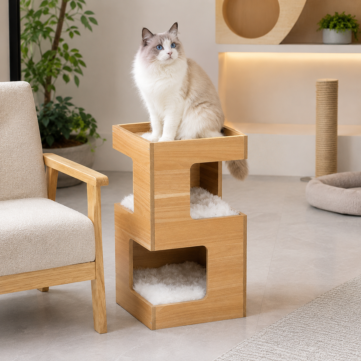 Arbre à chat bois design avec griffoir intégré et chat Ragdoll aux yeux bleus dans un intérieur moderne haut de gamme chaleureux.