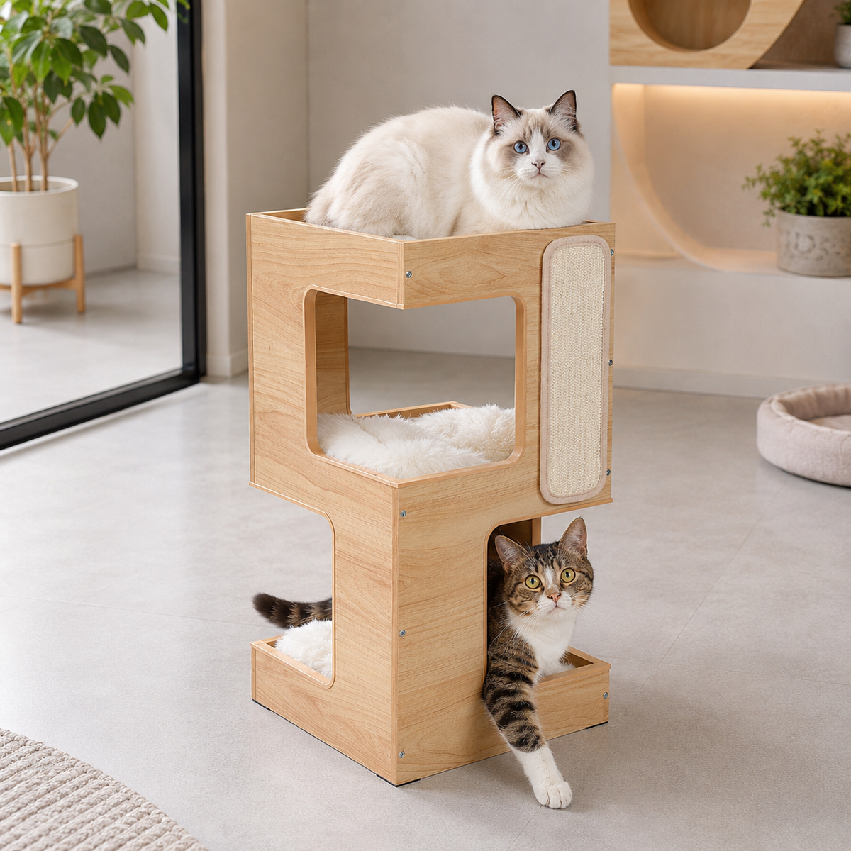 Arbre à chat design en bois avec chat Ragdoll aux yeux bleus et chat tigré dans un intérieur moderne haut de gamme lumineux.
