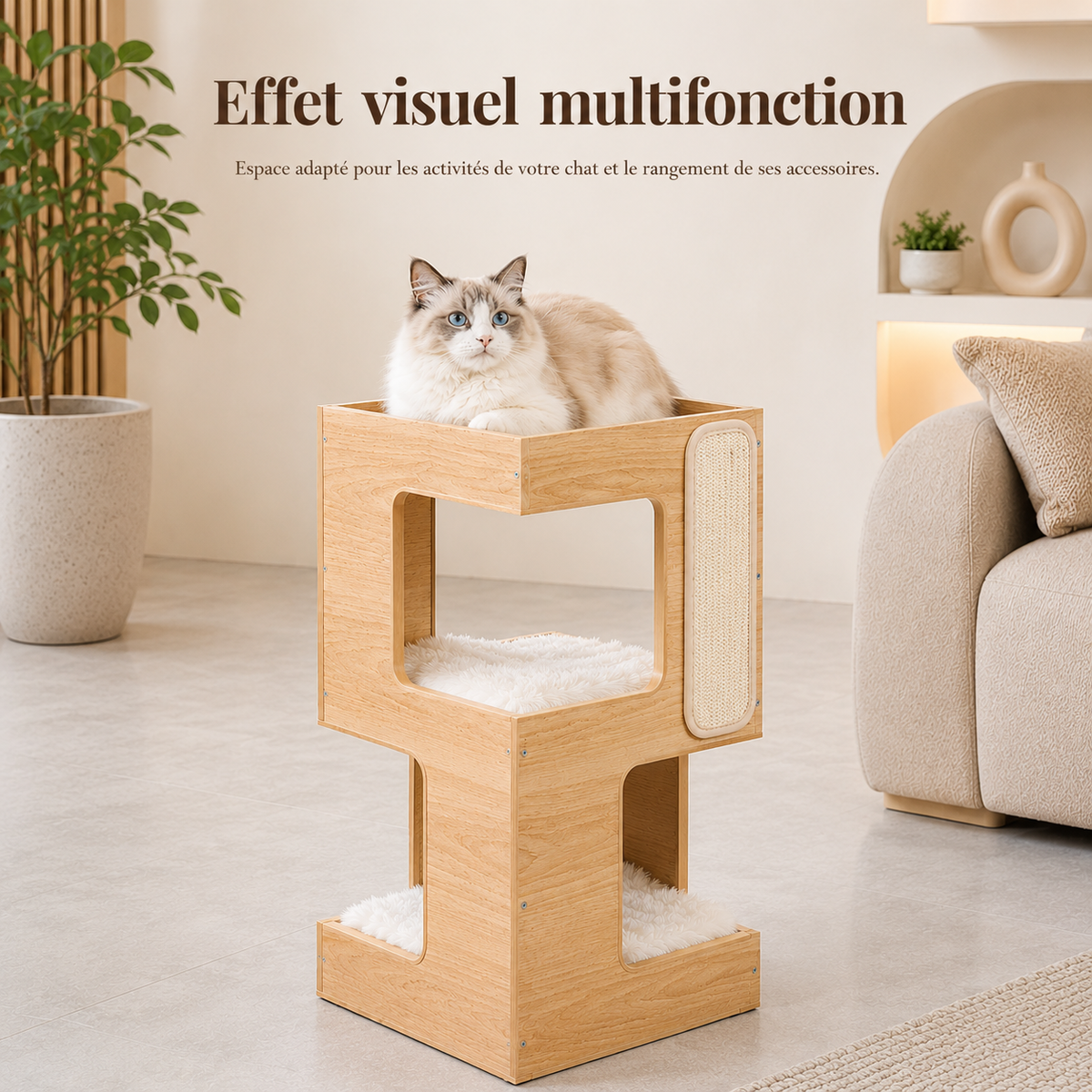 Arbre à chat design en bois multifonction avec chat Ragdoll aux yeux bleus dans un intérieur moderne haut de gamme lumineux.