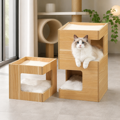 Arbre à chat design en bois naturel avec chat Ragdoll aux yeux bleus dans un intérieur moderne premium au style scandinave chaleureux.