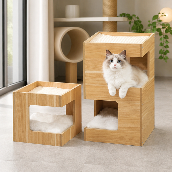 Arbre à chat design en bois naturel avec chat Ragdoll aux yeux bleus dans un intérieur moderne premium au style scandinave chaleureux.