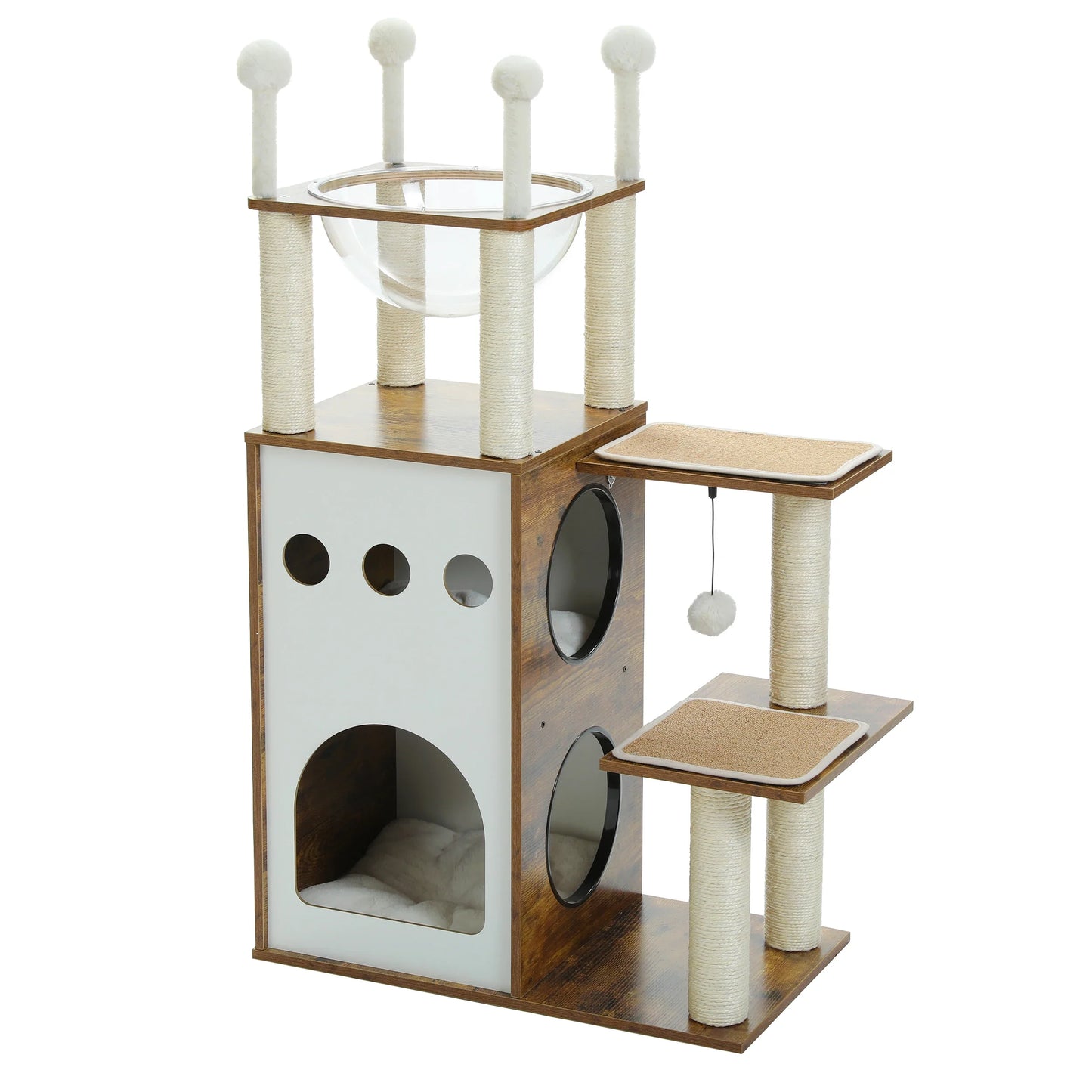Arbre à chat design en bois foncé et blac de style scandinave avec niche, hamac transparent et tapis antidérapants amovibles sur les plateformes.