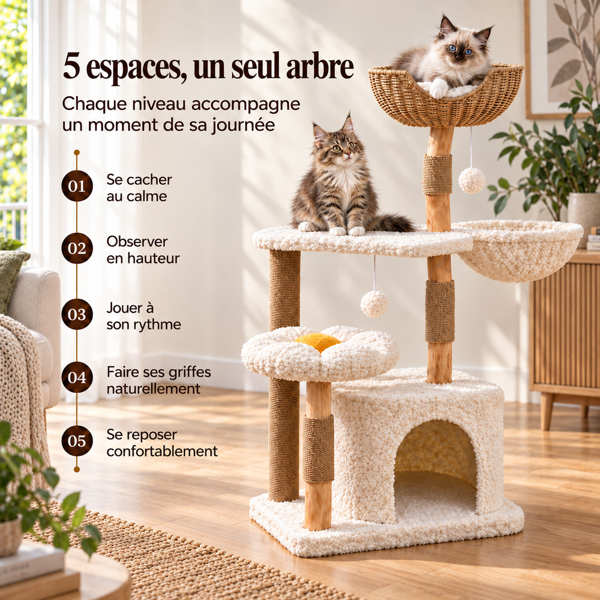 Arbre à chat ALVÉO en bois massif de 123 cm avec deux chatons, niche, hamac, panier, couchage fleur et griffoirs en sisal dans un salon lumineux.