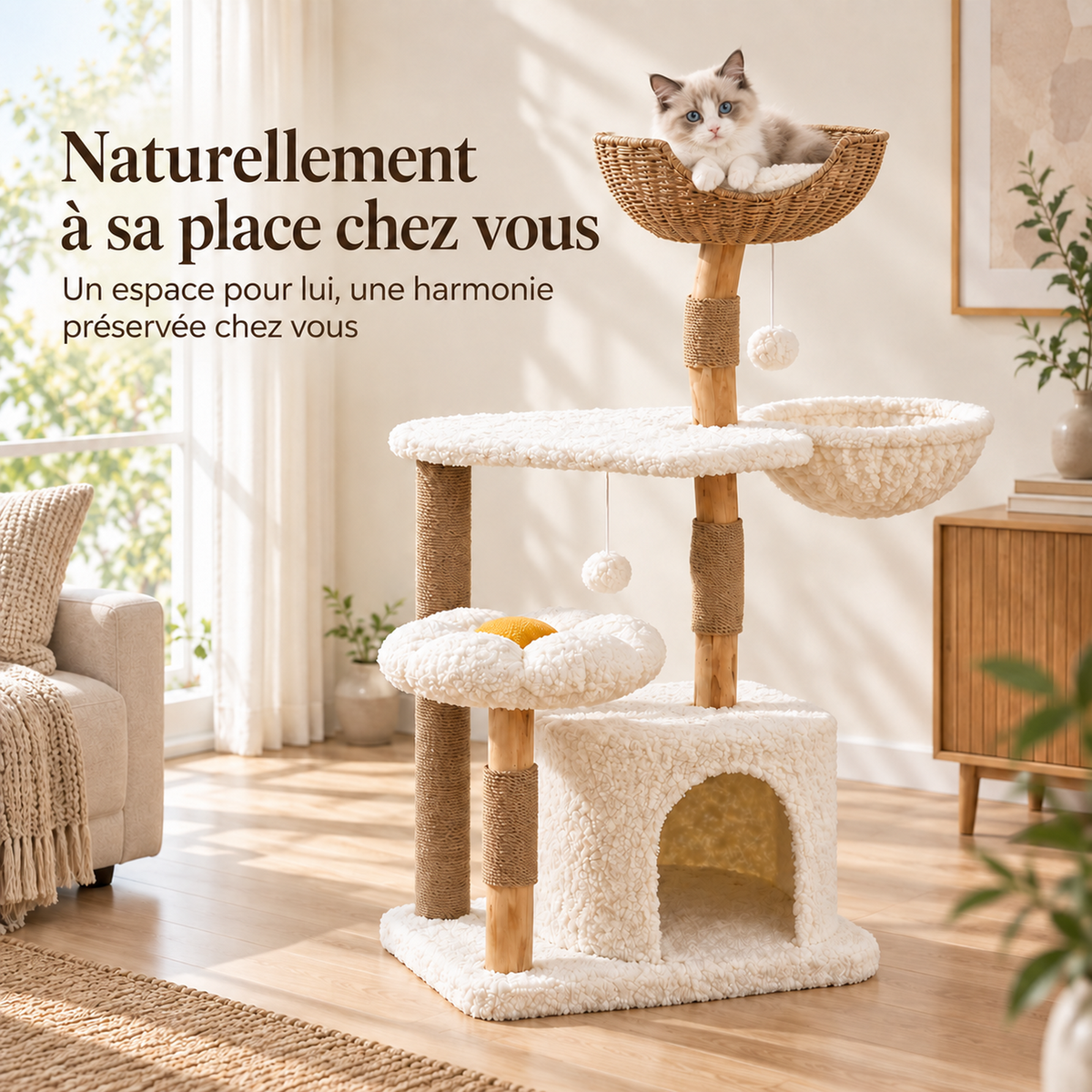 Arbre à chat ALVÉO en bois massif de 123 cm intégré dans un salon contemporain lumineux, avec un chaton Ragdoll installé dans le panier supérieur.