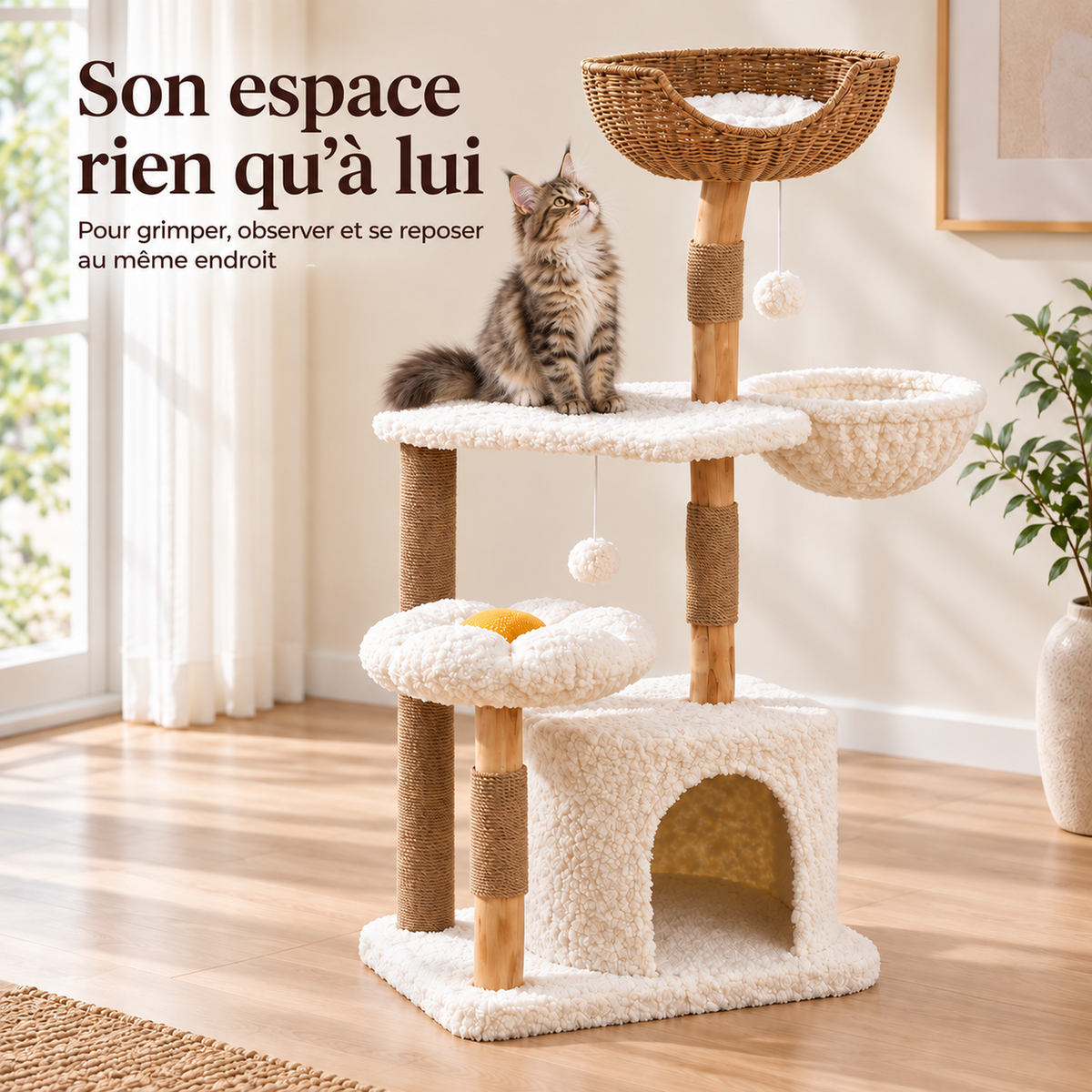 Petit arbre à chat ALVÉO en bois massif de 123 cm avec un chaton Maine Coon installé sur la plateforme, dans un salon lumineux aux tons crème.