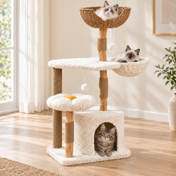 Arbre à chat ALVÉO en bois massif de 123 cm avec niche, hamac, panier tressé, couchage fleur et griffoirs en sisal dans un salon lumineux.