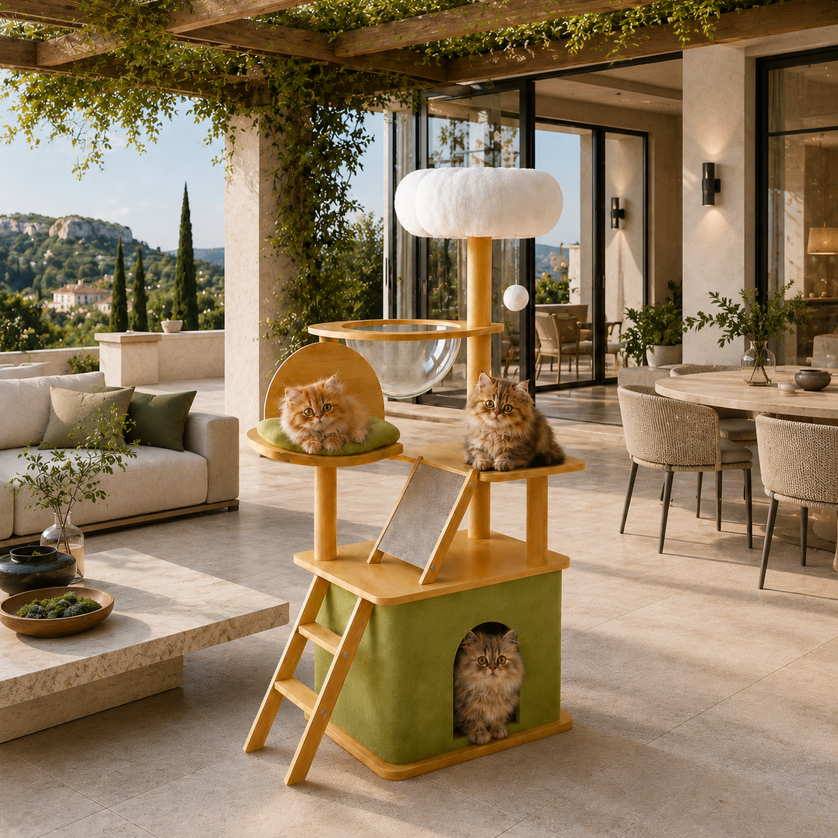 Arbre à chat bois naturel 140 cm avec condo vert, plateforme coussin vert sauge, hamac transparent et perchoir moelleux blanc, avec trois chatons persans sous une pergola fleurie avec vue sur le sud de la France