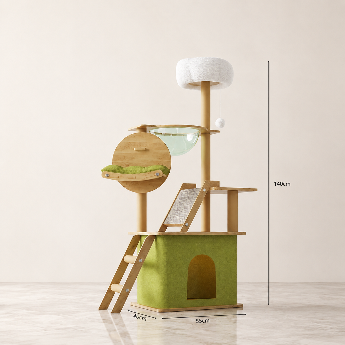 Arbre à chat bois naturel avec dimensions 140 cm de hauteur, 55 cm de largeur et 40 cm de profondeur, avec condo vert, plateforme coussin vert sauge, hamac transparent, rampe griffoir et perchoir moelleux blanc