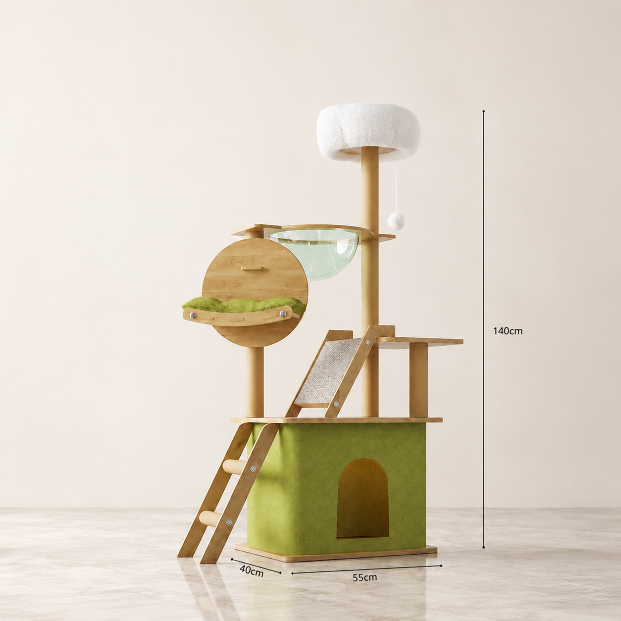 Arbre à chat bois naturel avec dimensions 140 cm de hauteur, 55 cm de largeur et 40 cm de profondeur, avec condo vert, plateforme coussin vert sauge, hamac transparent, rampe griffoir et perchoir moelleux blanc