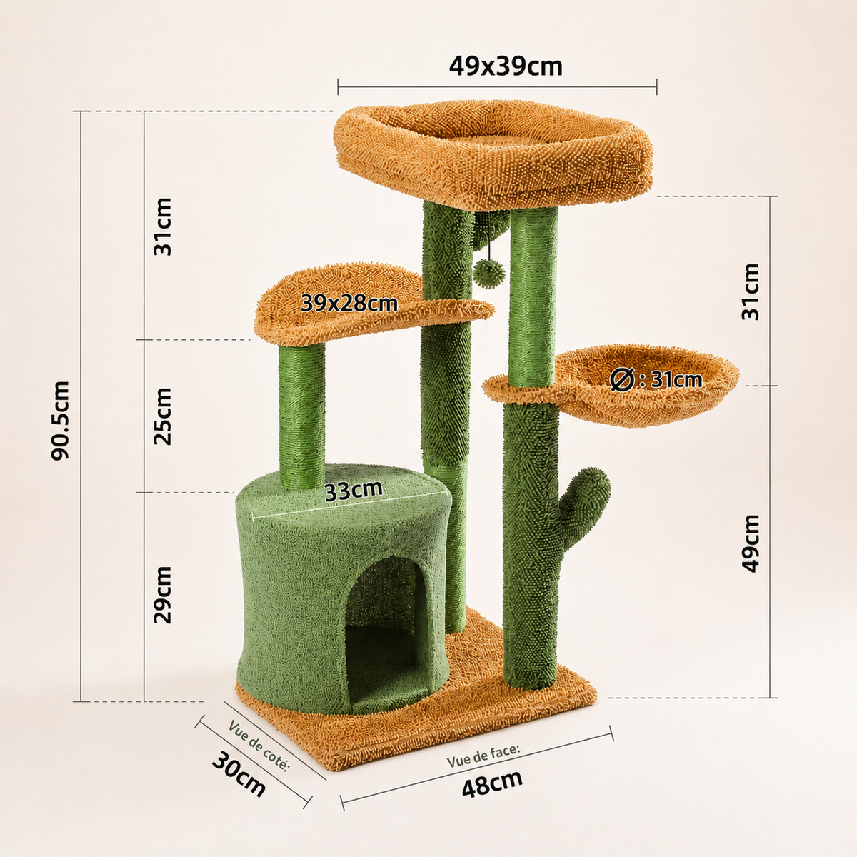 rbre à chat design cactus vert et beige de 90,5 cm de hauteur, avec condo, deux plateformes (49x39 cm et 39x28 cm), une plateforme ronde (Ø 31 cm), des griffoirs en sisal et un jouet pendentif, base 48x30 cm