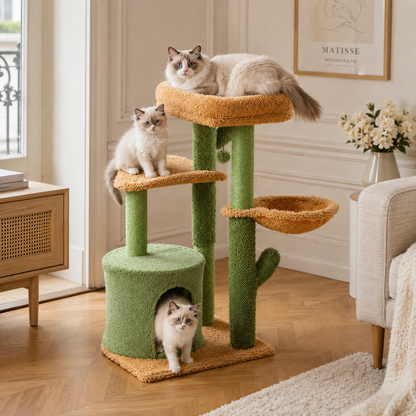 arbre à chat cactus vert posé dans un salon moderne quatre chatons jouant grimpant et dormant sur les plateformes
