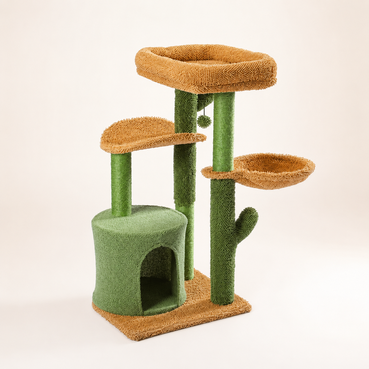 arbre à chat cactus design vert et beige 3 plateformes corbeille niche griffoir sisal naturel sur fond beige degradé blanc