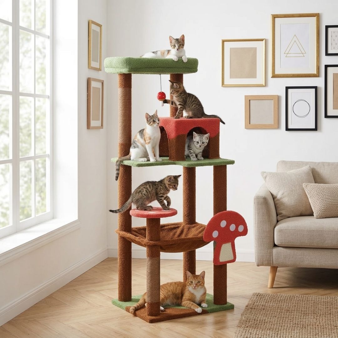 Arbre à chat style forêt champignon installé dans un salon moderne et lumineux