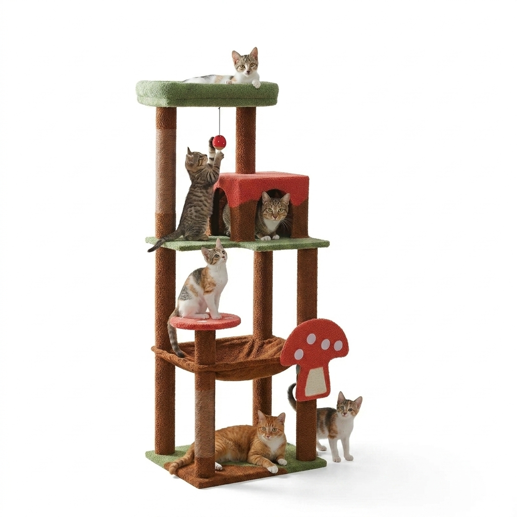 Détail de la cabane fermée en forme de champignon rouge de l'arbre à chat 143 cm