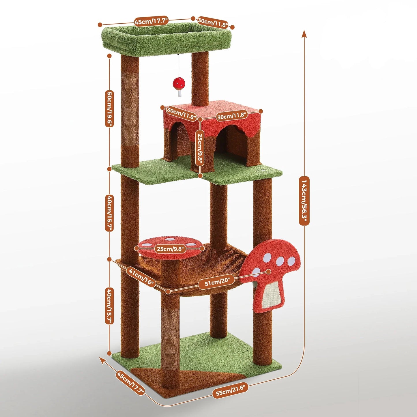 Dimensions détaillées et hauteur de 143 cm de l'arbre à chat design champignon