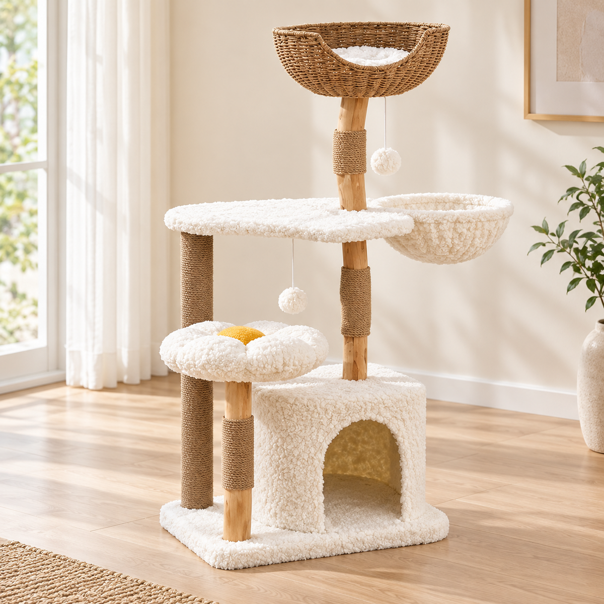 Arbre à chat compact ALVÉO de 123 cm en bois massif, avec panier tressé, hamac suspendu, niche douillette et surfaces en sisal naturel.