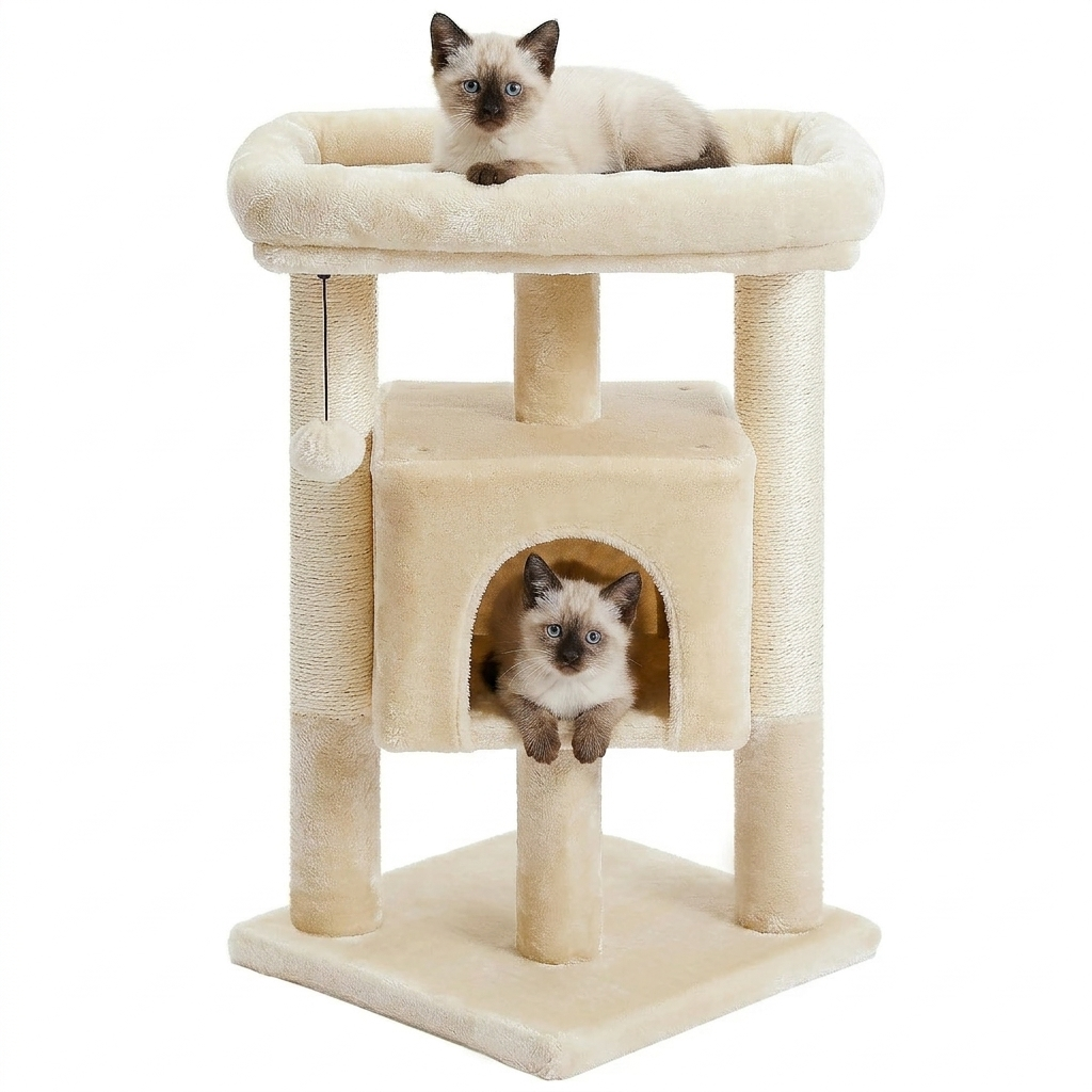 arbre à chat d'angle élégant en peluche beige, compact et design, avec deux chatons Siamois aux yeux bleus, un sur le lit supérieur et un dans la niche, isolé sur fond blanc.