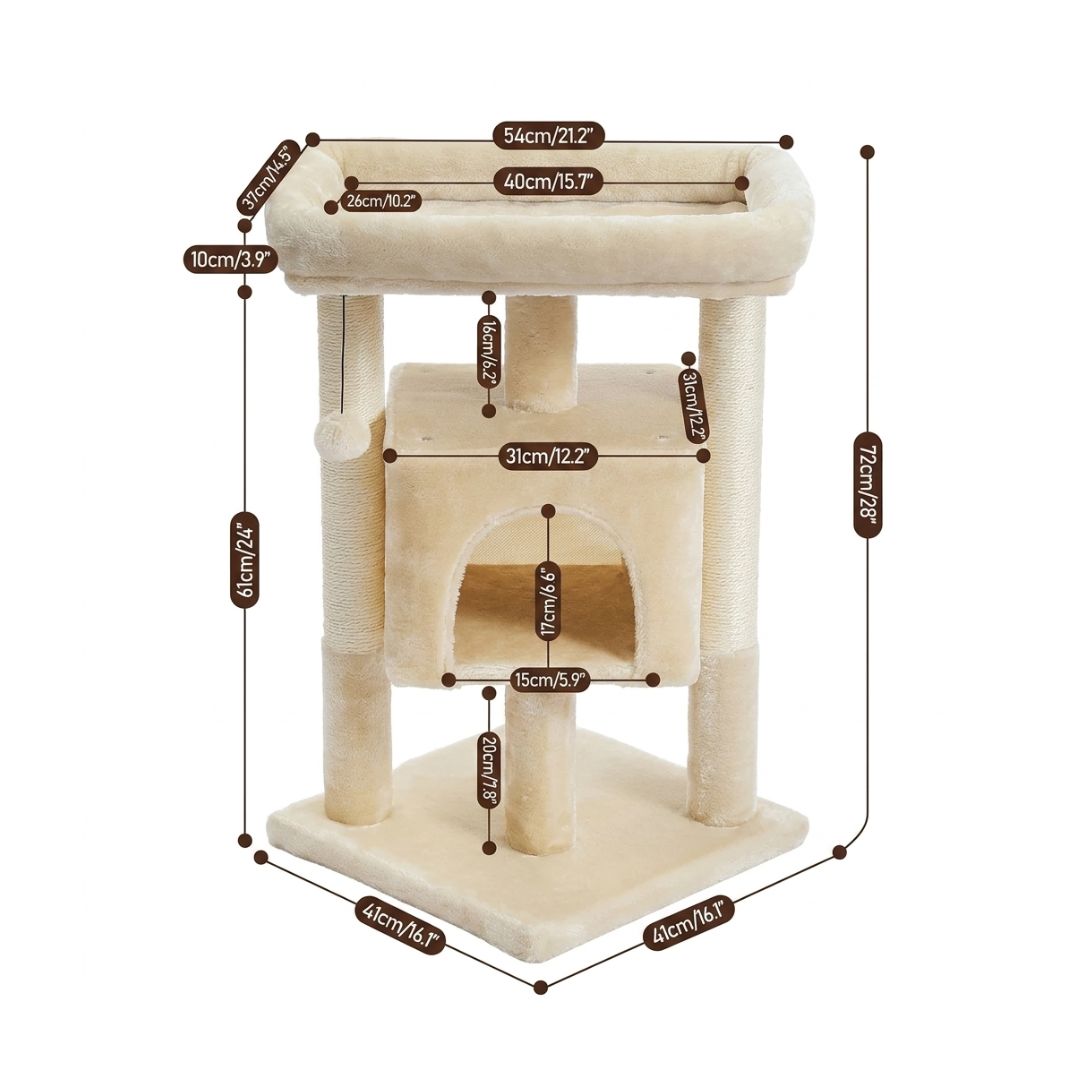 Schéma technique de l'arbre à chat d'angle beige Catedo, montrant toutes les dimensions : hauteur totale 72 cm, base 41x41 cm, niche 31x31 cm, panier supérieur 54x37 cm, et détails des éléments.