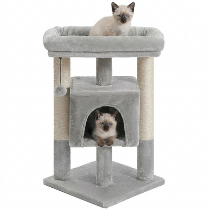 crbre à chat d'angle compact et moderne, en peluche grise, avec deux chatons Siamois aux yeux bleus, un assis en haut et un autre couché dans la niche, sur fond blanc.