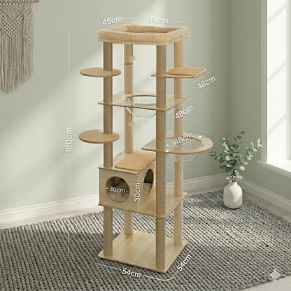 schéma dimensions arbre à chat design 180 cm base 54x54 cm plateforme haute 48x48 cm niche bois 30x30 cm hamac transparent 48 cm