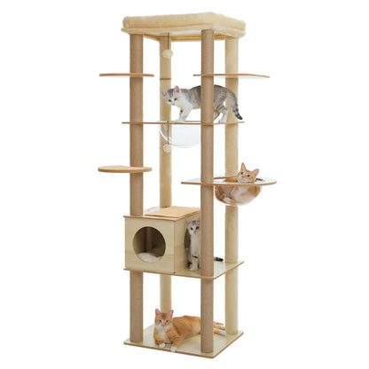 arbre à chat design 180 cm fond blanc quatre chats niche bois hamac transparent plateforme ronde griffoir sisal multi niveaux