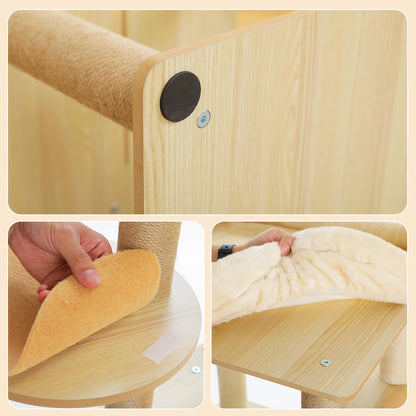 détail arbre à chat bois poncé visserie robuste griffoir sisal naturel coussin plateforme amovible velcro lavable