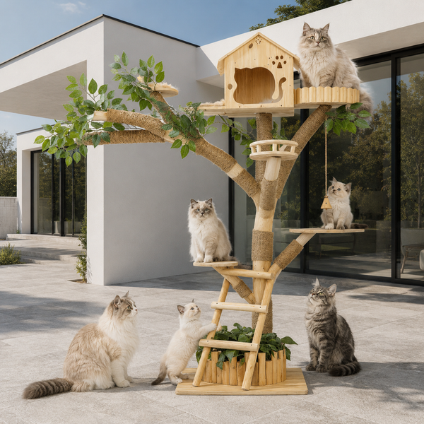 Arbre à chat extérieur en bois naturel avec niche, nid et échelle, 3 tailles, Canopée