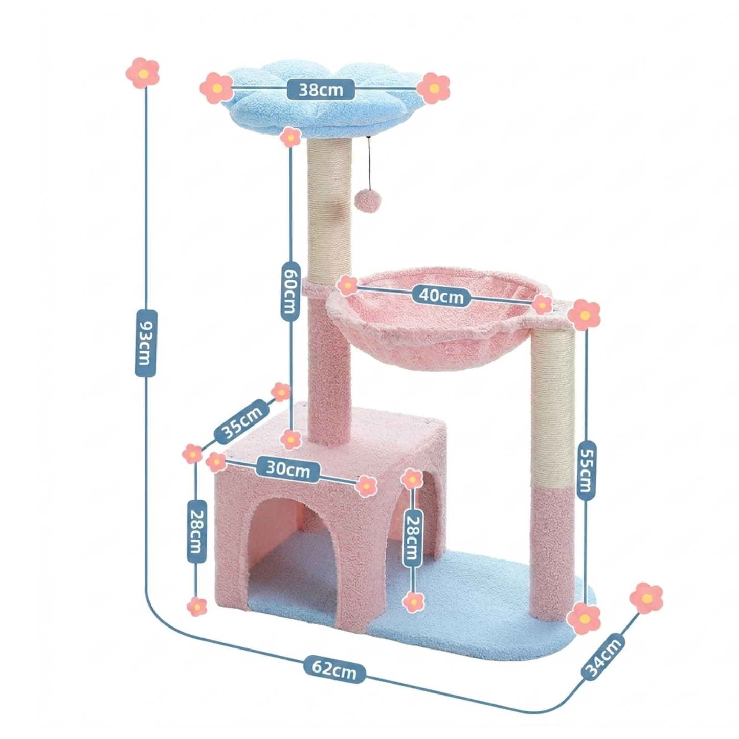 dimensions arbre à chat fleur rose et bleu 93cm hamac 40cm base 62x34cm griffoirs sisal