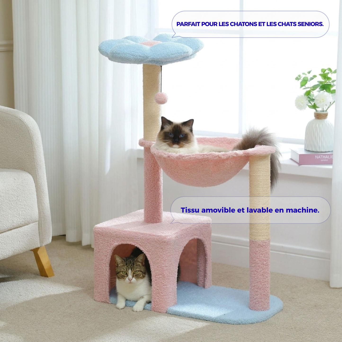 arbre à chat fleur rose et bleu tissu amovible lavable en machine parfait pour chatons et chats seniors