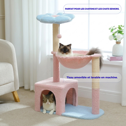 arbre à chat fleur rose et bleu tissu amovible lavable en machine parfait pour chatons et chats seniors