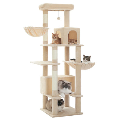 Arbre à chat grand modèle beige 168 cm avec 4 chats, 2 hamacs moelleux, 2 cabanes, griffoirs en sisal et balançoire pour chat d'intérieur