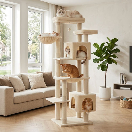 grand arbre à chat beige multi-niveaux salon moderne cinq chats double cabane hamac griffoir sisal pompon suspendu