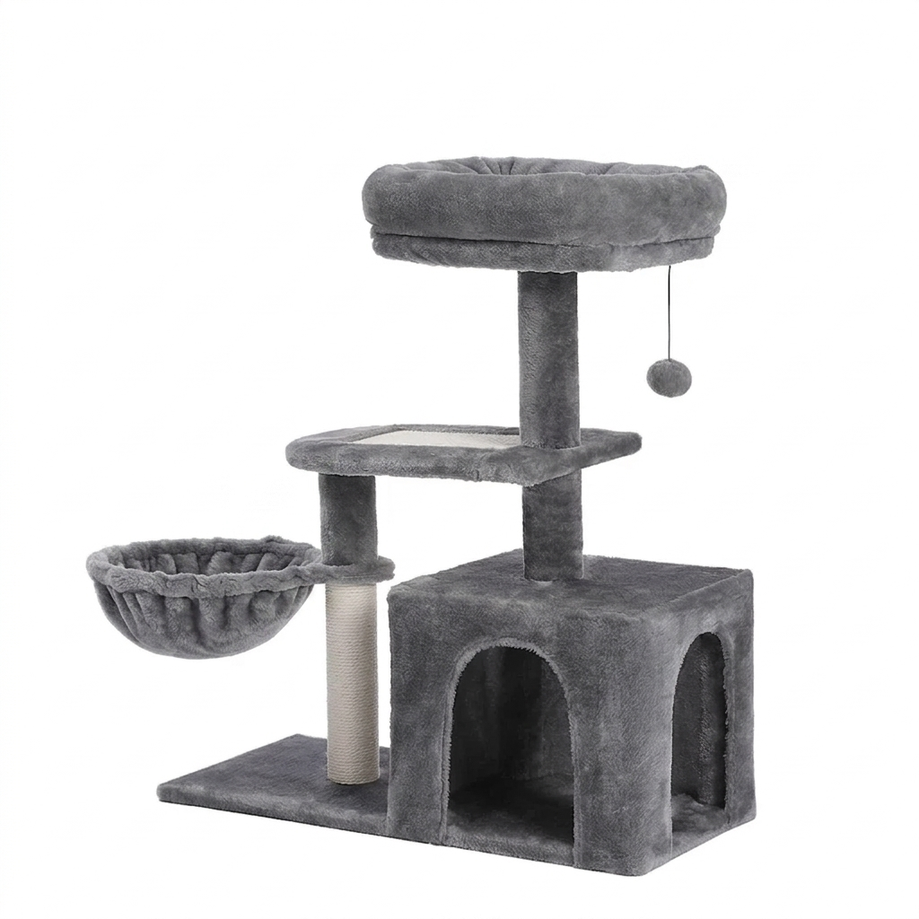 Arbre à chat gris anthracite compact vue produit fond blanc, avec cabane double arche, corbeille suspendue, plateforme intermédiaire, griffoir en sisal naturel, grand perchoir rembourré et pompon suspendu.
