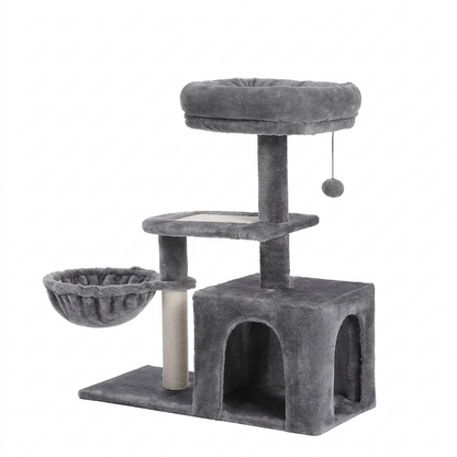 Arbre à chat gris anthracite compact vue produit fond blanc, avec cabane double arche, corbeille suspendue, plateforme intermédiaire, griffoir en sisal naturel, grand perchoir rembourré et pompon suspendu.
