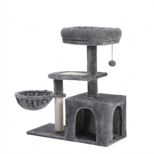 Arbre à chat gris anthracite compact vue produit fond blanc, avec cabane double arche, corbeille suspendue, plateforme intermédiaire, griffoir en sisal naturel, grand perchoir rembourré et pompon suspendu.