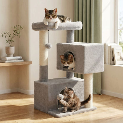 arbre à chat luxe gris anthracite avec niche et panier d'observation, idéal pour décoration d'intérieur moderne.