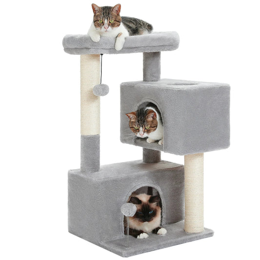 petit arbre à chat gris clair 80cm pour appartement, mobilier félin confortable et stable avec griffoir intégré.