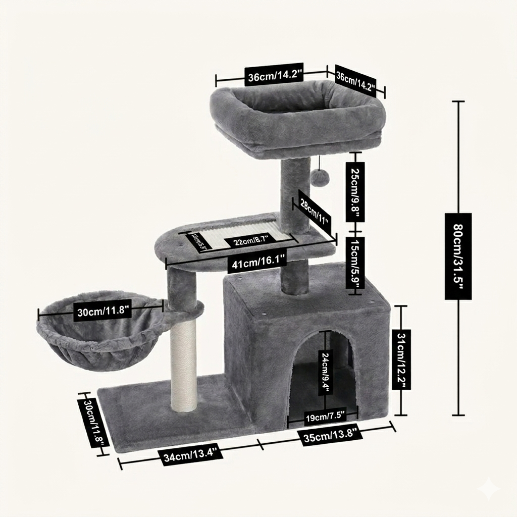 Schéma des dimensions de l'arbre à chat gris anthracite, hauteur totale 80 cm, perchoir 36x36 cm, base 34x30 cm, corbeille 30 cm, cabane 31 cm de hauteur.